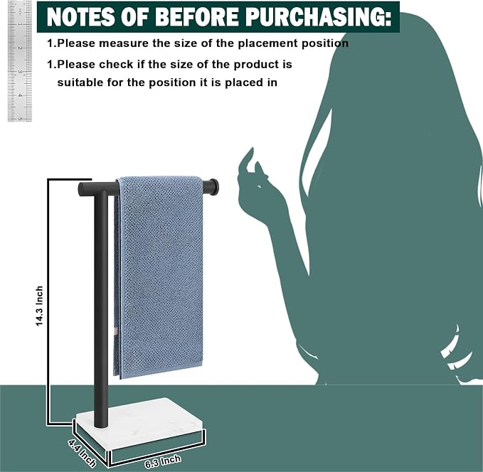 Hand Towel Holder, Hand Towel Stand for Bathroom with Marble Base, 304 Stainless Steel L Shape Hand Towel Rack Bar Standing for Vanity Kitchen Countertop, Matte Black