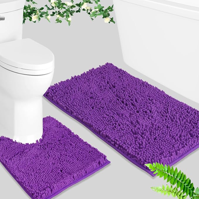 BOANKODU Bathroom Rug Set, 2 Piece Chenille Bath Mat, Non-Slip, 32x20 Inch + 20x20 Inch U Shape, Machine Washable (Violet)
