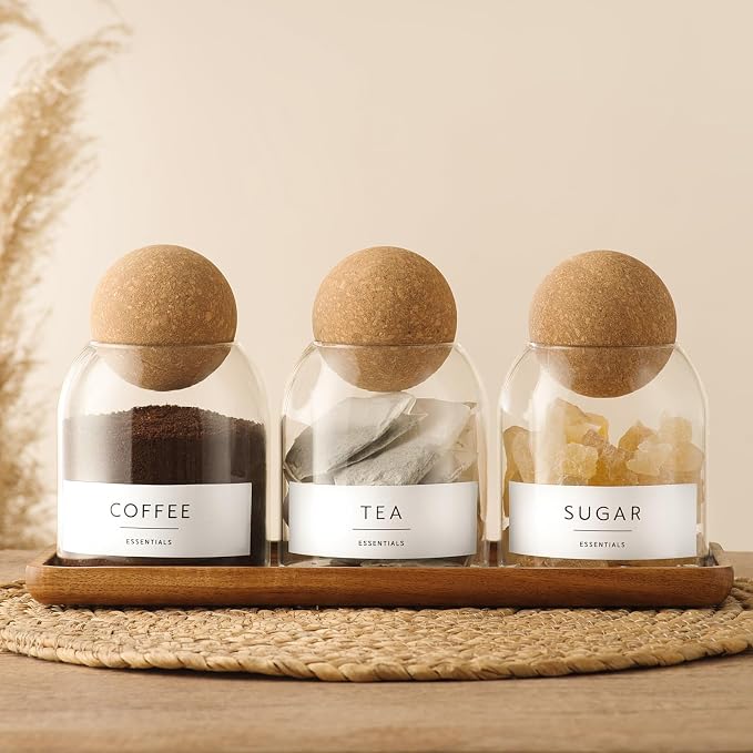 3 Pack Glass Jars with Cork Ball Lids, 17oz Tea Coffee Sugar Container Set | Decorative Coffee and Sugar Jars, Glass Coffee Bar Containers with Acacia Tray, Small Glass Storage Jars, Sugar Holder