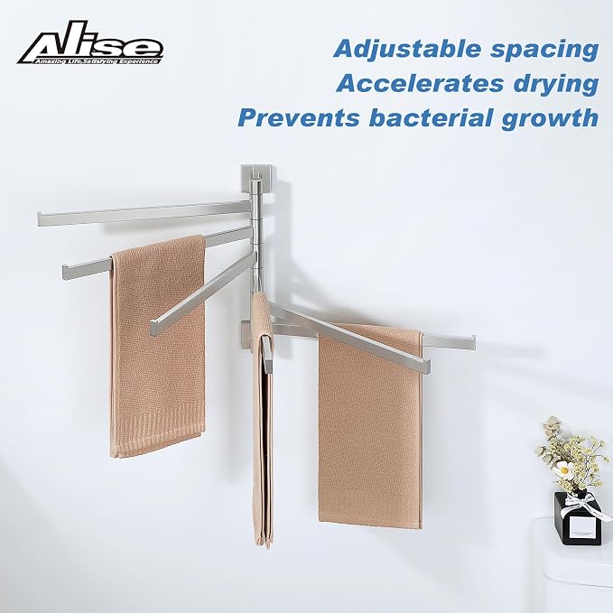 Alise Swivel Towel Rack, 6-Arm Towel Bar, Space Saving Towel Rack Wall Mount Drying Towel Holder, Swing Out Towel Holder for Bathroom Kitchen Toilet, Square SUS304 Stainless Steel, Brushed Nickel