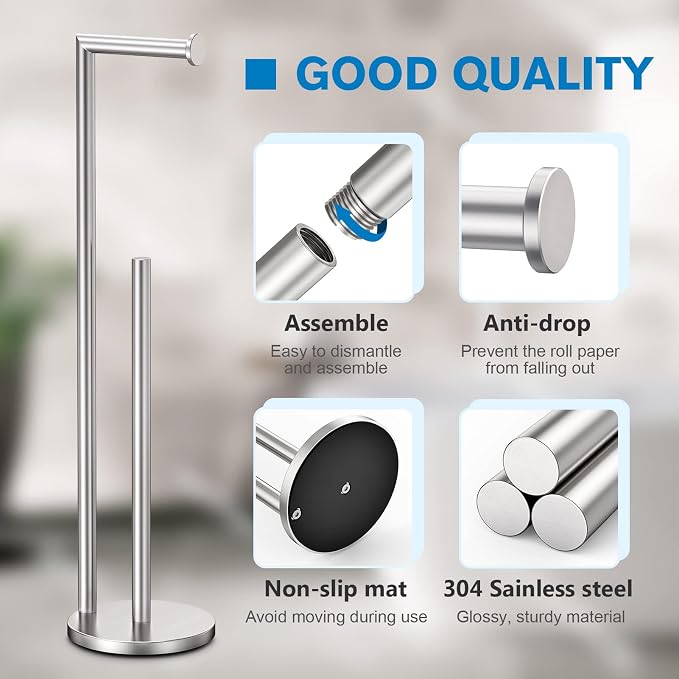 Toilet Paper Holder Stand, Brushed Nickel Toilet Paper Holder Free Standing | Stainless Steel Toilet Paper Holder for 4 Rolls, Bathroom Organizers and Storage with Anti-Slip Base and Rustproof