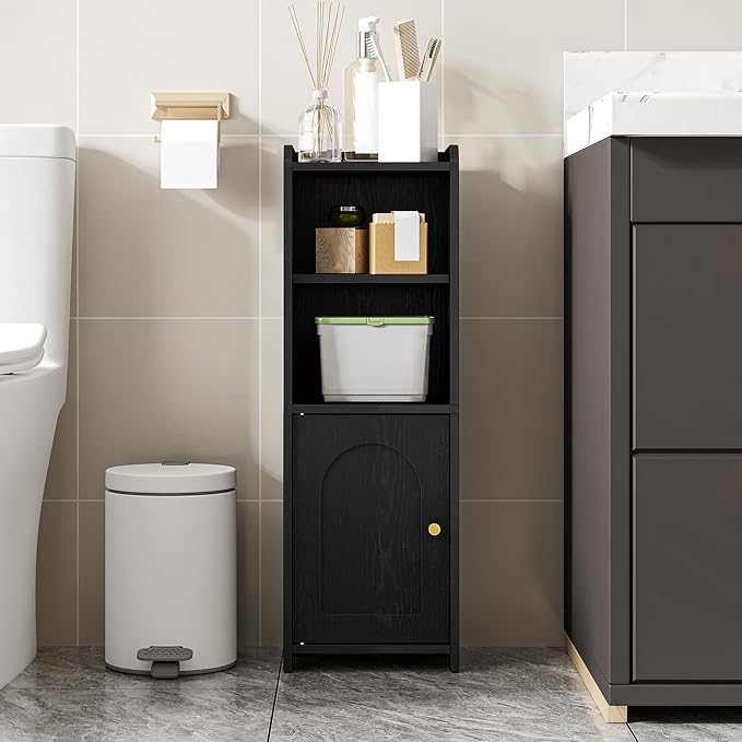 Hzuaneri Bathroom Storage Cabinet, Corner Floor Cabinet with Doors and Adjustable Shelf, Narrow Toilet Paper Cabinets, Bathroom Organizer for Small Spaces, Black BC29704X