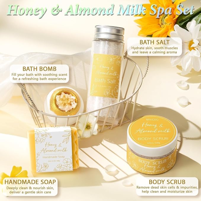 Spa Gifts Baskets for Women Bath Set Birthday Gifts for Women Self Care Kit | Honey & Almond Milk Spa Gifts Home Bath Relax Care Package, Christmas Thank You Gifts for Women Mom Her Friend Sister Teacher