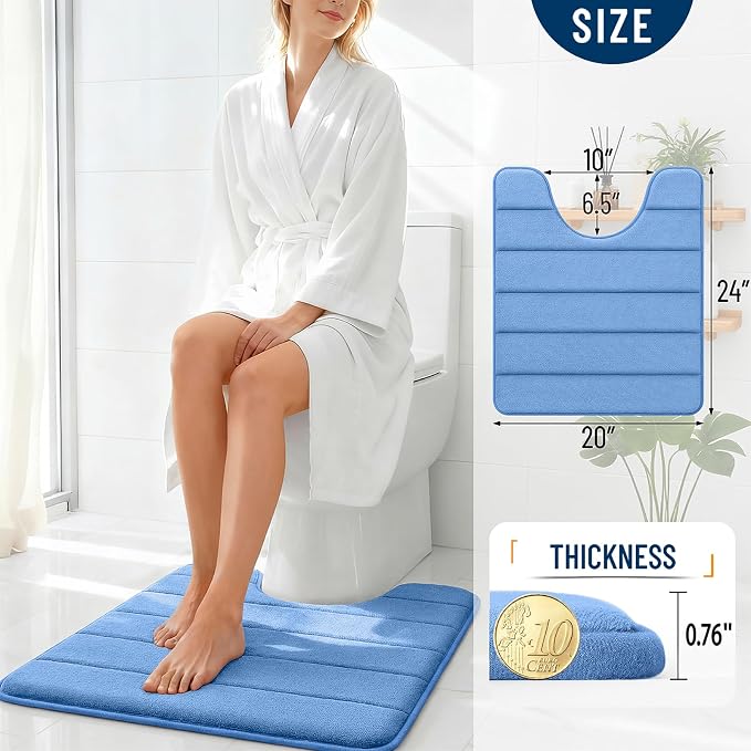 OLANLY Memory Foam Toilet Rugs U Shaped 24x20, Super Soft and Absorbent | Cornflower Blue, Quick Dry Commode Contour Bath Rugs, Machine Washable Toilet Mat, Bathmat Carpet for Bathroom Floor