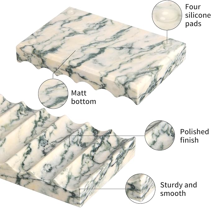 Luxury Marble Soap Dish Tray,Rectangle Stone Marble Soap Tray,Self Draining Soap Holder for Bathroom, Kitchen (Green Texture)