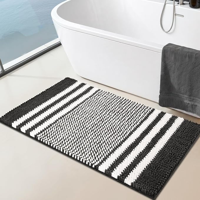 Large Bathroom Rugs, 24x36 Chenille Bath Mats, Dark Grey | Extra Soft Absorbent, Non Slip Striped, Quick Dry Machine Washable, Modern, Shower Rug for Bathroom Bedroom Decor