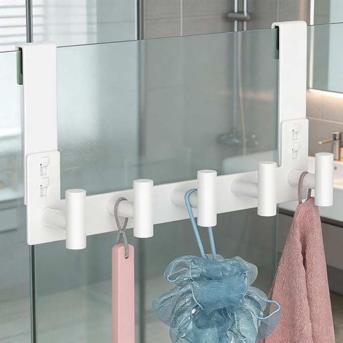 PMMASTO No-Drill Extra Long Shower Hooks, Fits 3/8" Thick Door, Heavy Duty Stainless Steel Towel Hooks for Frameless Glass Shower Door, Holds Bathrobe Towel (White, 5 T-Hooks)