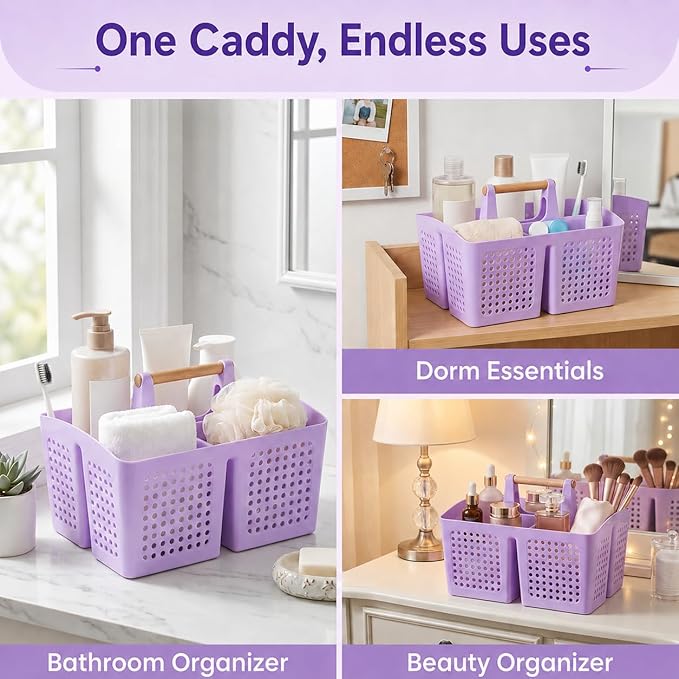 Portable Shower Caddy Basket with Wood Handle, 3-Compartment Bathroom Organizer Tote with Drain Holes, Plastic Shower Basket for Dorm, Toiletries, Cleaning Supplies, Purple