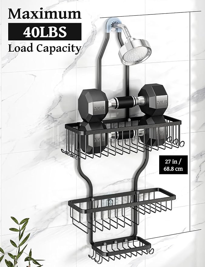Never Rust Shower Caddy Hanging, Aluminum Shower Racks for Inside Shower, 3-Tier Shower Organizer Hanging Over Shower Head with Hooks and Soap Holder, Black