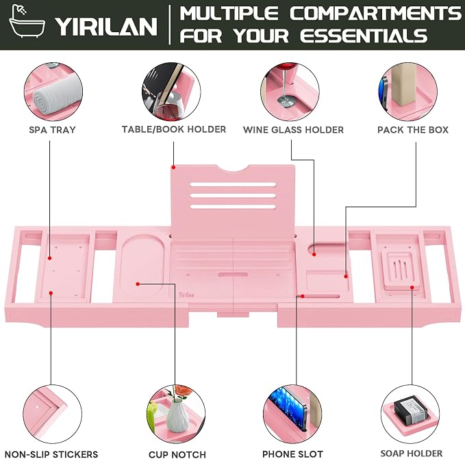 Premium Bathtub Tray Caddy, Expandable Bath Tray, Unique House Warming Gifts, New Home, Anniversary and Wedding Gifts for Couple, Pink