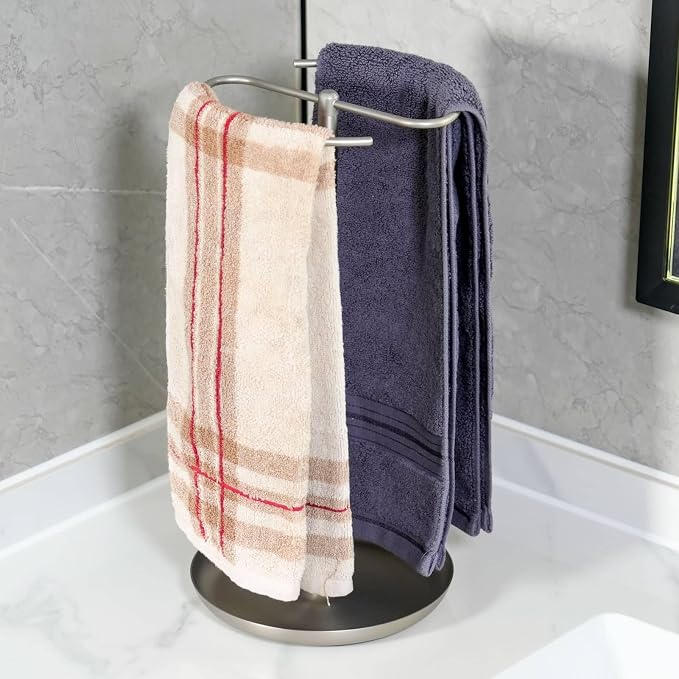 Hand Towel Holder Countertop with Storage Tray Weighted (Brushed Nickel) | heavier base | electroplated for a lasting shine | bathroom organizer | storage tray for watch, necklaces, glasses, earring
