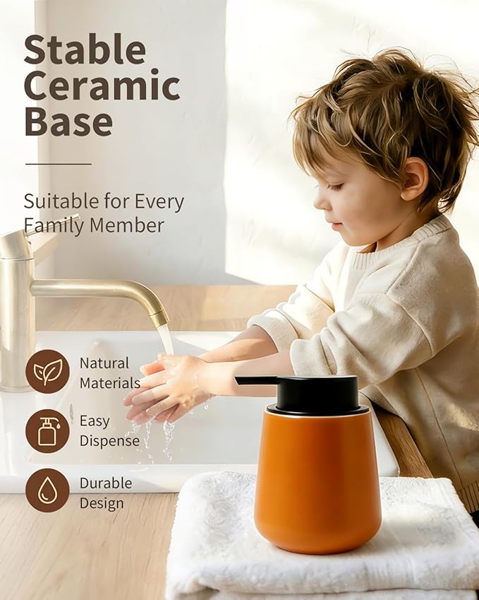 BosilunLife Ceramic Bathroom Accessories Set 3 Pcs | Foaming Soap Dispenser and Toothbrush Holder with Tray, Modern Farmhouse Vanity Decor, Orange Housewarming Gift