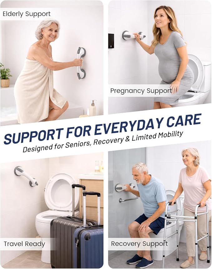 Suction Grab Bars for Bathtubs and Showers, Gel-Enhanced Heavy Duty Stable Grip Safety Bars for Seniors and Elderly, No Drilling Removable Bathroom Handles for Tub and Shower Support, Gray/W