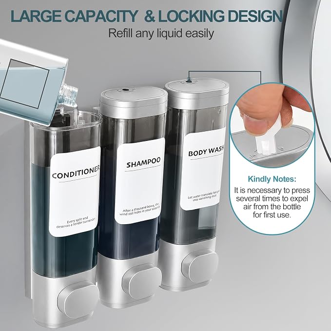 3 Pack Shampoo and Conditioner Dispenser, Shower Soap Dispenser 3 Chamber No Drill Wall-Mounted, Body Wash and Shower Dispenser Set for Shower Wall, Elegant Large Capacity for Bathroom Hotel, Silver