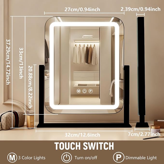Ratsamee Black Vanity Mirror with Lights 15"×13", Led Makeup Mirror, Lighted Makeup Mirror with 3 Color Dimmable Lights, Smart Touch Screen Control, 360°Rotation