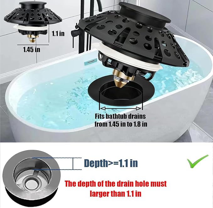 AzWzz Bathtub Drain Stopper,Pop Up Tub Stopper Plug with Hair Catcher Cover | All-metal, Universal for 1.45 in to 1.8 in Tub Drain, Matte Black