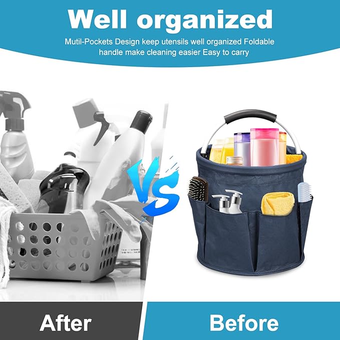 17L Cleaning Caddy, Portable Cleaning Supply Bucket, 6 Pockets Foldable Cleaning Supplies Organizer with Handle, Cleaning Caddy Bag for Cleaning Products (Navy Blue)