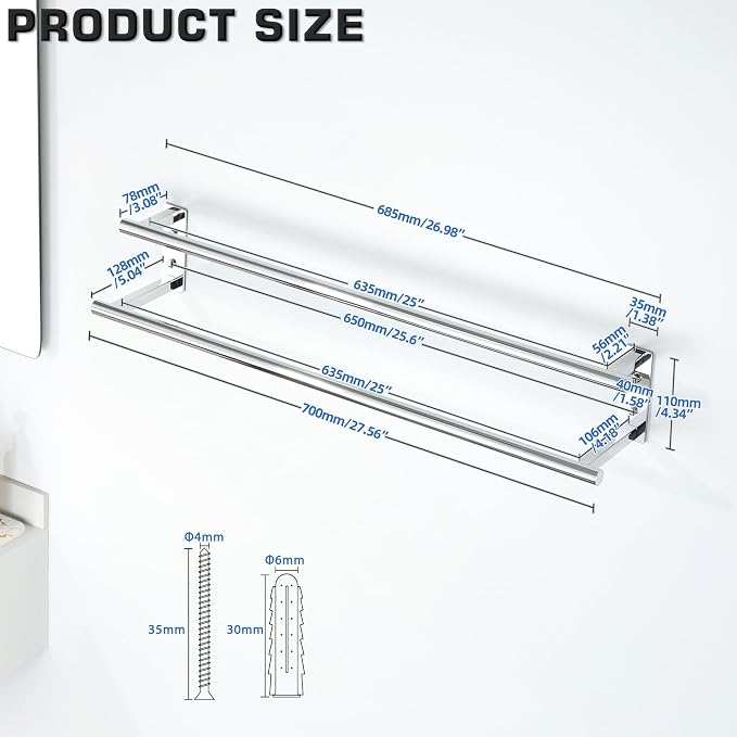 Alise 28‘’ Double Towel Bar for Bathroom Wall Mounted, Polished Chrome | SUS304 Stainless Steel, Bathroom Towel Holder Towel Hanger, Towel Racks for Bathroom, Labatory, Tower Drying Rack Towel Rail