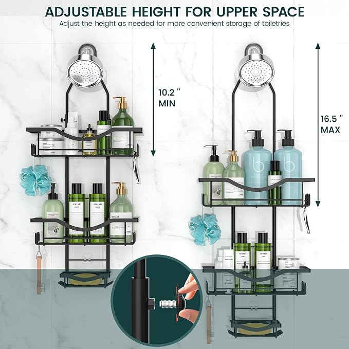 REINHARDT Adjustable Shower Caddy Hanging Rustproof Shower Organizer, Black | Extra Long, No Drilling, Anti-Slip, Shower Caddy Over Showerhead, Fast Draining, Soap Holder, 12 Hooks, Bathroom Accessories