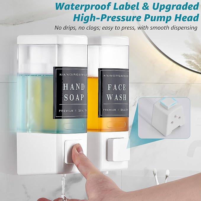 Shampoo and Conditioner Dispenser for Shower, 2 Chamber, White | Clog-Free Pump for Thick Liquids, 16.9oz Large Capacity, No Drill Wall Mounted Compact Design for Small Bathroom