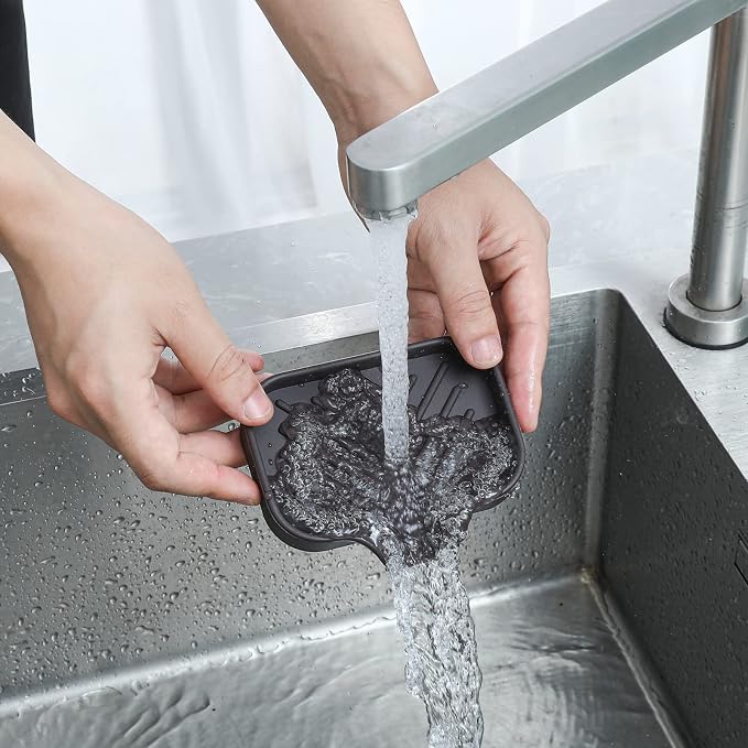 MicoYang Silicone Soap Dish with Drain Spout, Self-Draining Sink Organizer Tray for Bathroom and Kitchen, Sponges, Dispensers and Soap Holder, Non-Slip and Dishwasher Safe, Coffee (Compact, 4.9"×3.2")