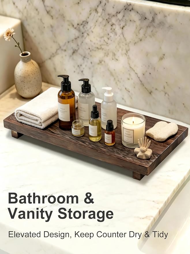 16 x 8 inch Wood Riser Pedestal Stand, Wood Riser for Kitchen Counter | Farmhouse Large Wood Tray for Kitchen Counter, Bathroom Decor, Sink, Soap Dishes, Plant, Bottles, Candles Display, Jewelry