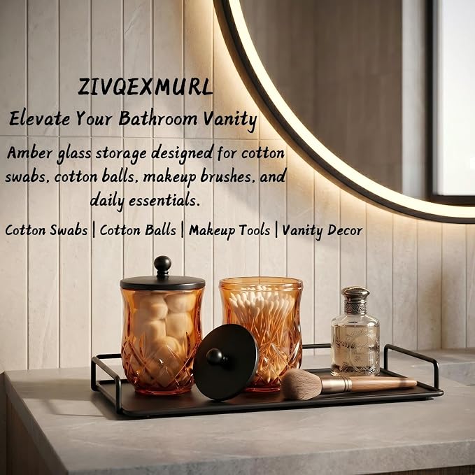 2 Pack Glass Qtip Holder Dispenser Set,Round Bathroom Apothecary Jars with Matte Black Lid for Cotton Swabs, Balls, Pads, Floss Picks, Vanity Storage Container for Makeup, Candy, Jewelry(10 Oz, Amber)
