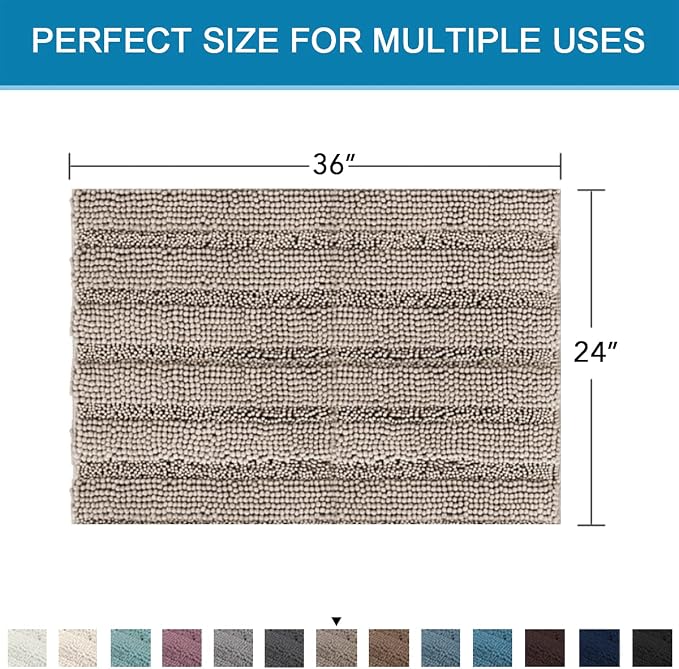 H.VERSAILTEX Bath Mats for Bathroom Non Slip Extra Thick Chenille Striped Bath Rug 24" x 36" Absorbent Non Skid Fluffy Soft Shaggy Rugs Washable Dry Fast Plush Mats for Indoor, Bath Room, Tub - Taupe