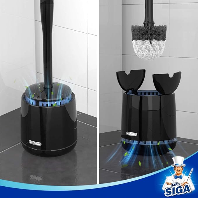 MR.SIGA Toilet Bowl Brush and Holder, Sturdy Long Handle, Black, 1 Pack | Automatic lid design, upgraded ventilation, replaceable toilet brush head dries quickly