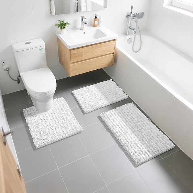 Yimobra Bathroom Rugs Sets 2 Piece - Quick Dry Extra Thick Luxury Chenille Bath Mat, Non Slip Super Absorbent for Tub Shower Sink, Machine Washable Shaggy Floor Mat, 44"x24"+24"x17" Inch, White