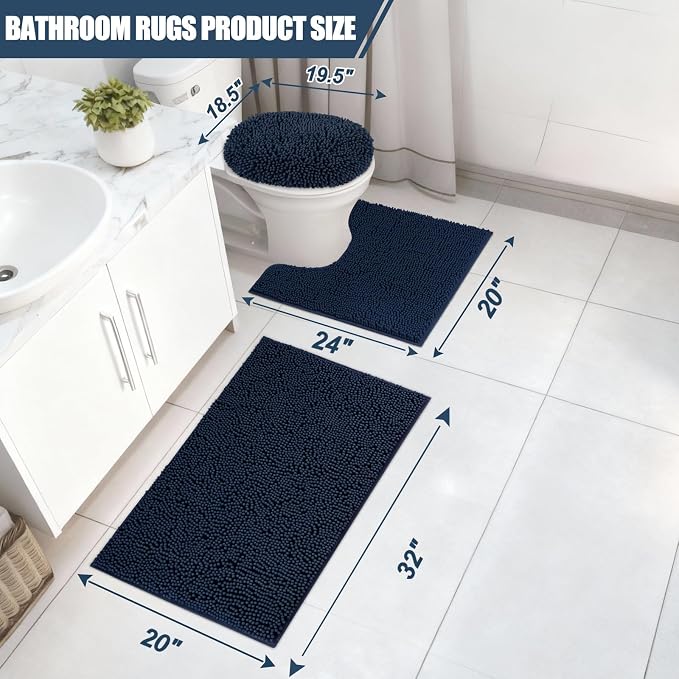 Bathroom Rugs Sets 3 Piece with Toilet Seat Cover 19.5"x 18.5" | Machine Washable Bath Rug Set with Tpr Non Slip Rubber Backing Solid Bath Mat Set for Luxury Bathroom Decoration