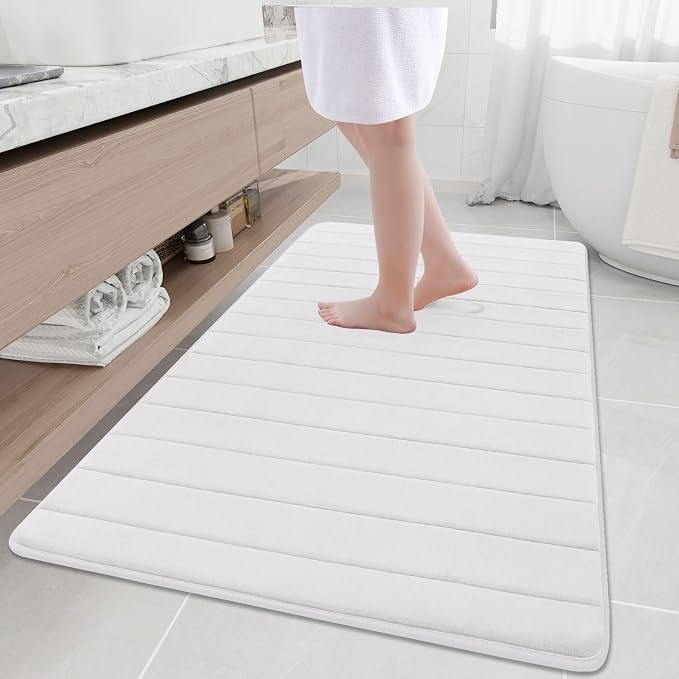 Buganda Memory Foam Bath Mat 59 x 34, Ultra Soft Absorbent Bathroom Rugs | White, Machine Washable Quick Dry Bath Mats for Bathroom Floor, Shower and Tub, Home Decor Accessories