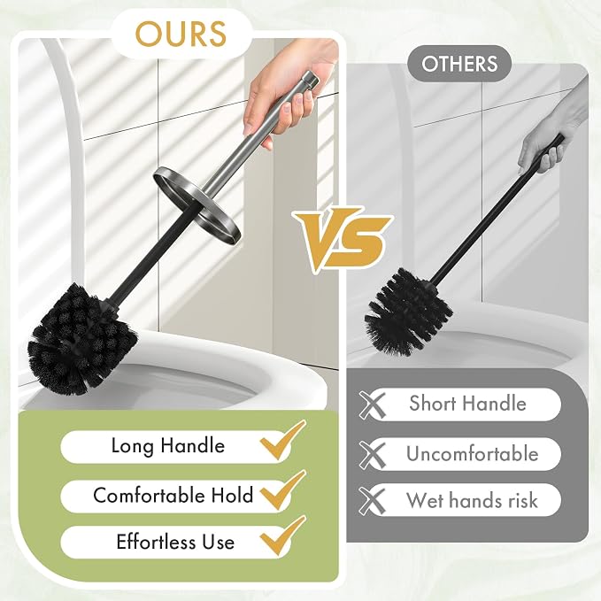 Toilet Bowl Brush and Holder Set 3 Pack with 6 Extra Brush Heads (Silver) | Extra Long Handle with Splash Guard Cover, Tool-Free Installation, Bathroom Space-Saving, Cleaner Sets for Apartments, RV
