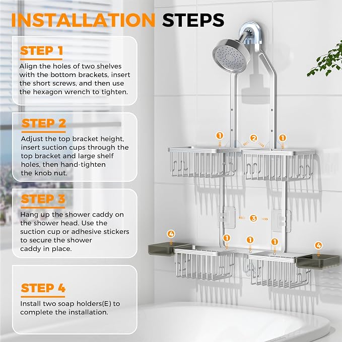Adjustable Aluminum Shower Caddy Hanging for Handheld Showerhead, Silver | Rustproof Aluminum, Shower Organizer, Anti-Slip, Quick-Drain Shelf, 40lbs Capacity, Suction Cups, 8 Hooks, Razor Soap Holders