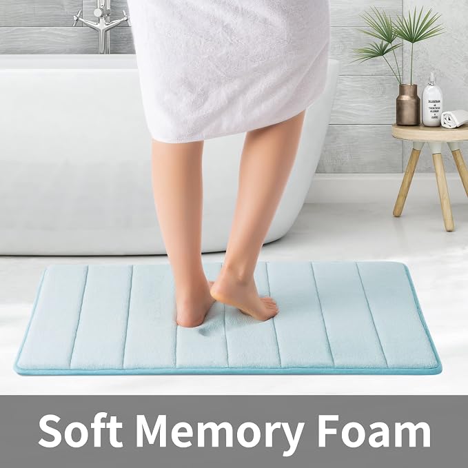 ROSMARUS Memory Foam Bath Mat, 17''x24'', Aqua Blue | Water Absorbent, Ultra Soft, Non Slip, Thick Foam, Bathroom Rugs for Floor & Tub, Machine Washable Care