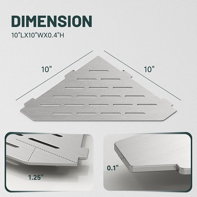 10" Corner Shower Shelf, Recessed Corner Shelves, 304 Stainless Steel Slot Design Bathroom Shower Shelves for Tiled Wall, 2 Pack, Brushed Nickel
