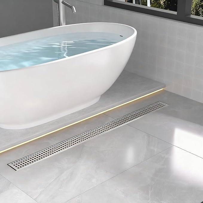 Linear Shower Drain | 48 Inch AISI 304 Stainless Steel Shower Drain, Brushed Nickel Linear Drain with Removable Quadrato Grate Cover & Adjustable Feet, Rectangle Floor Drain, in Bathroom Balcony etc