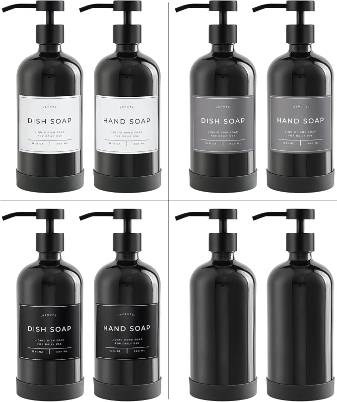 Hand and Dish Soap Dispenser for Kitchen and Bathroom, Set of 2 16 Oz Glass Bottles, Stainless Steel Pumps, Non-Slip Silicone Base, 27 Waterproof Labels (Gloss Black Bottle/Black Pump)