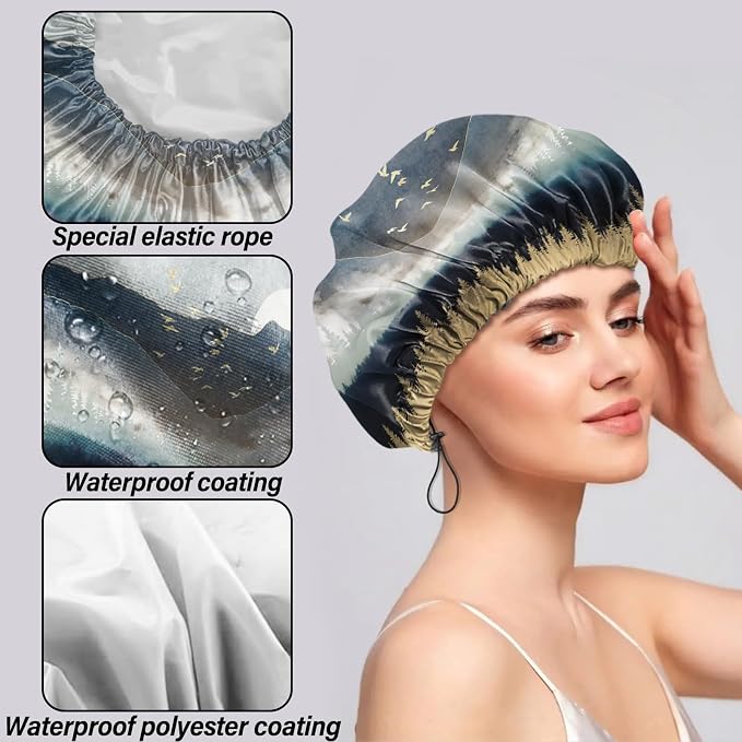2 PCS Shower Cap Reusable Waterproof Double Layers Hair Caps Shower Bath Adjustable Elastic Hat for Women Girls Cute Aesthetic-Sunset Forest