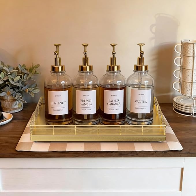 Large Bathroom Vanity Tray – 13" x 8" Oak Decorative Wooden Tray for Bathroom Countertop & Vanity Organizer, Rectangular Wood Tray for Perfume, Skincare, Storage, Vanity Dresser Counter Decor, Gold