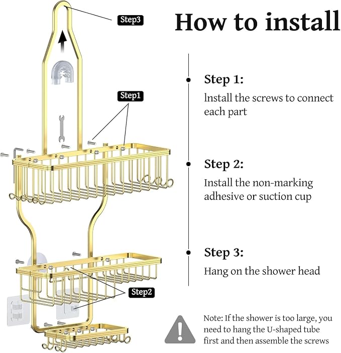 Never Rust Shower Caddy Hanging, Aluminum Shower Racks for Inside Shower, 3-Tier Shower Organizer Hanging Over Shower Head with Hooks and Soap Holder, Gold