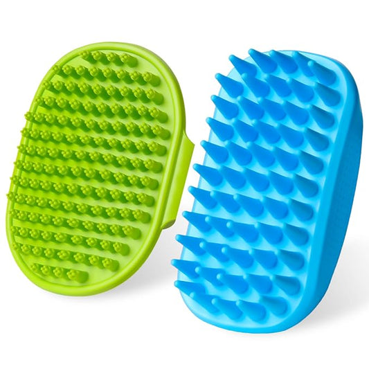2PCS Dog Bath Brush Set | Adjustable Handle Dog Scrubber for Shampooing, Deshedding & Massaging, Suitable for Pets | Curry Comb & Shampo Brush for Dogs Cats and Horses (Green Blue)