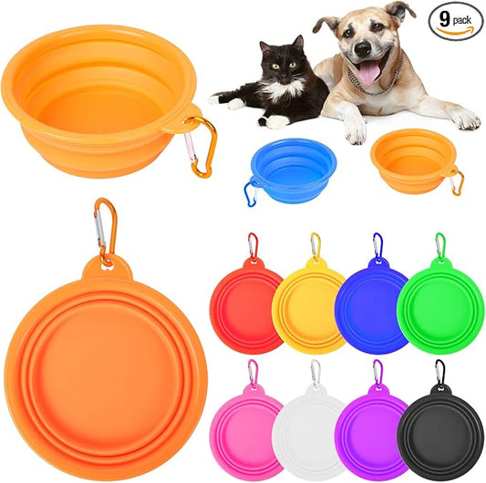 PROLOSO 9 Pcs Collapsible Dog Bowl Foldable Expandable Silicone Cup Dish for Pet Cat Food Water Feeding Portable Travel Bowl with Carabiner