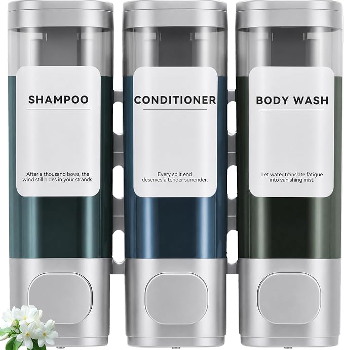 3 Pack Shampoo and Conditioner Dispenser, Shower Soap Dispenser 3 Chamber No Drill Wall-Mounted, Body Wash and Shower Dispenser Set for Shower Wall, Elegant Large Capacity for Bathroom Hotel, Silver