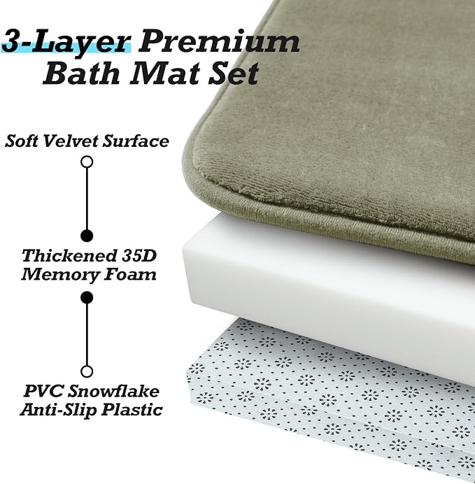 Bathroom Rugs Sets 3 Piece, Non-Slip & Quick Dry Bath Mat Set, Ultra Soft Velvet Bath Rugs for Bathroom, Toilet and Shower Floor, Olive Green