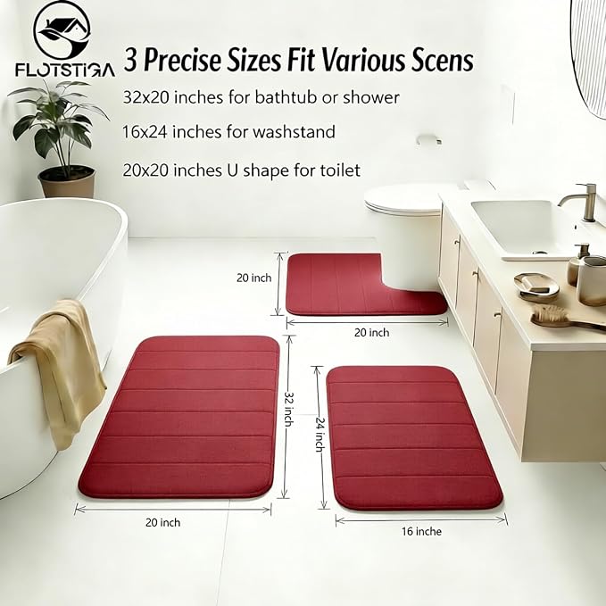 Memory Foam Bath Mat Set 3 Piece，Super Soft Absorbent Bathroom Rug Non Slip, Quick Dry,Machine Wash, Perfect Plush Bathroom Rugs,Home Decor Accessories,Burgundy