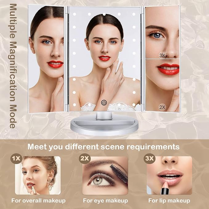 Flymiro Tri-fold Lighted Vanity Makeup Mirror with 3x/2x Magnification,Light up Mirror for Makeup,Touch Screen 21 LEDs,180° Rotation Countertop Cosmetic Mirror,Gifts for Women Mom Teen Girls