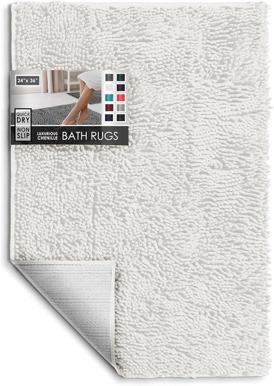 Hearth & Harbor Bathroom Rugs, Chenille Bath Mat - Machine Washable Bath Mats for Bathroom Non-Slip Backing Rubber, Quick Dry Bathroom Mat - White 24x36
