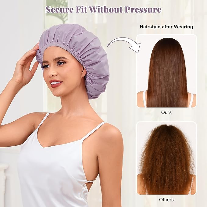 Shower Cap for Women Waterproof Reusable, Large Shower Cap Non-Slip with Elastic Band, Washable Bath Hair Hat for Long Hair, Braids (Purple)