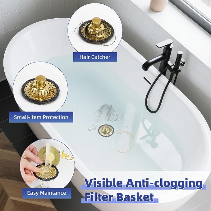 2PCS Universal Metal Bathtub Drain Stopper Top Hair Catcher, Brushed Gold | Shower Drain Tub Stopper with Stainless Steel Visible Filter Basket, Upgraded 3 in 1 Pop-up Drain Plug for 1.5 to 2.4" Hole